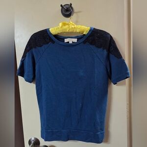 LOFT Blue and Black Short Sleeve Tee with Elegant Lace